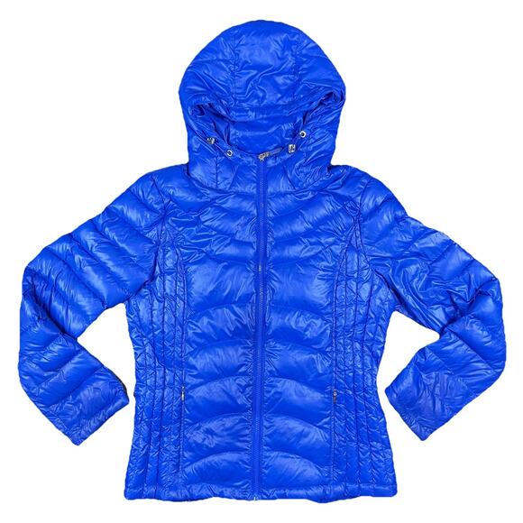 Andrew Marc Puffer Down Hooded Jacket Womens Medium Blue Packable Lightweight - Picture 1 of 11